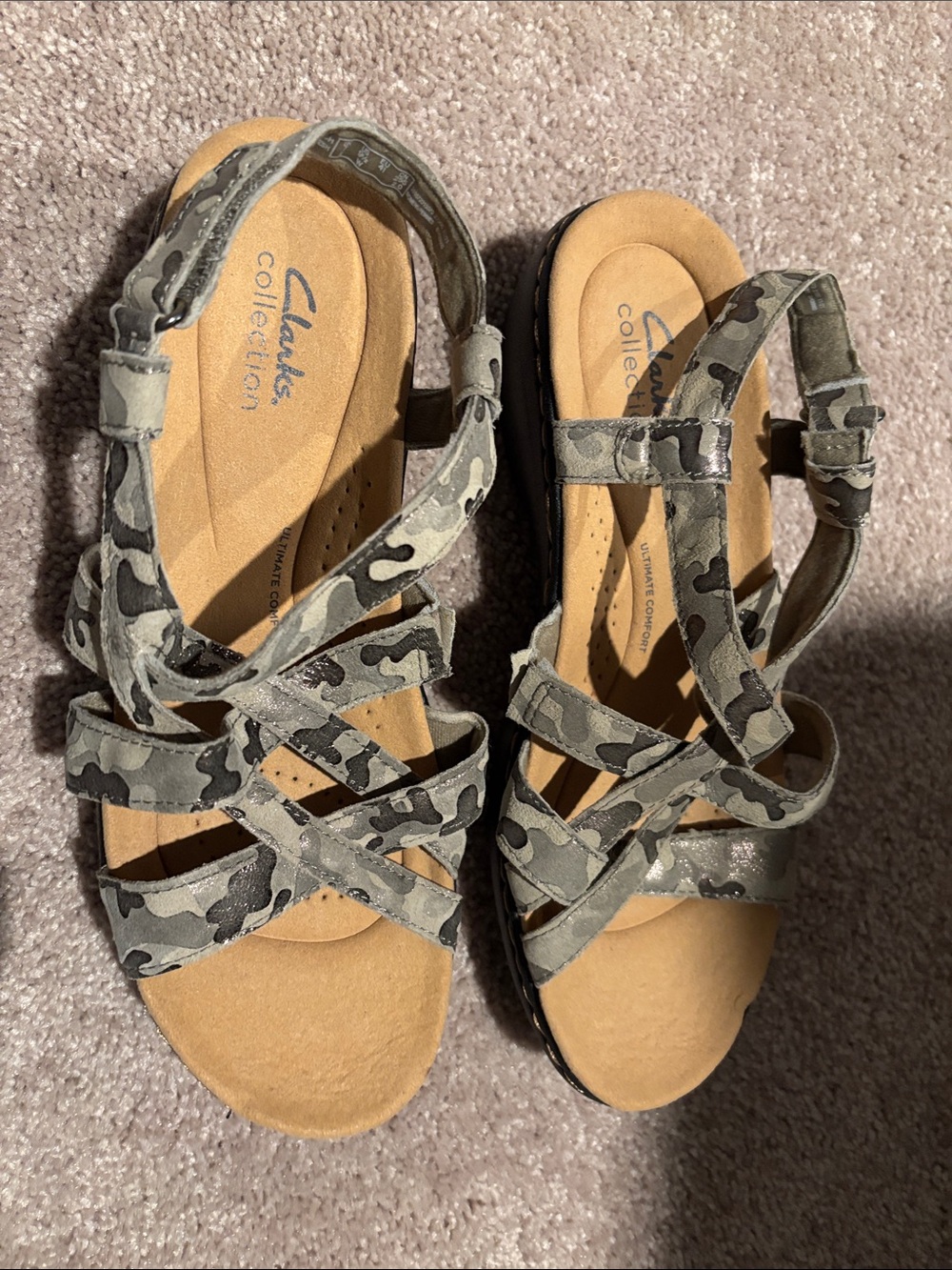 Clarks Olive Gray Camo Strappy Sandals